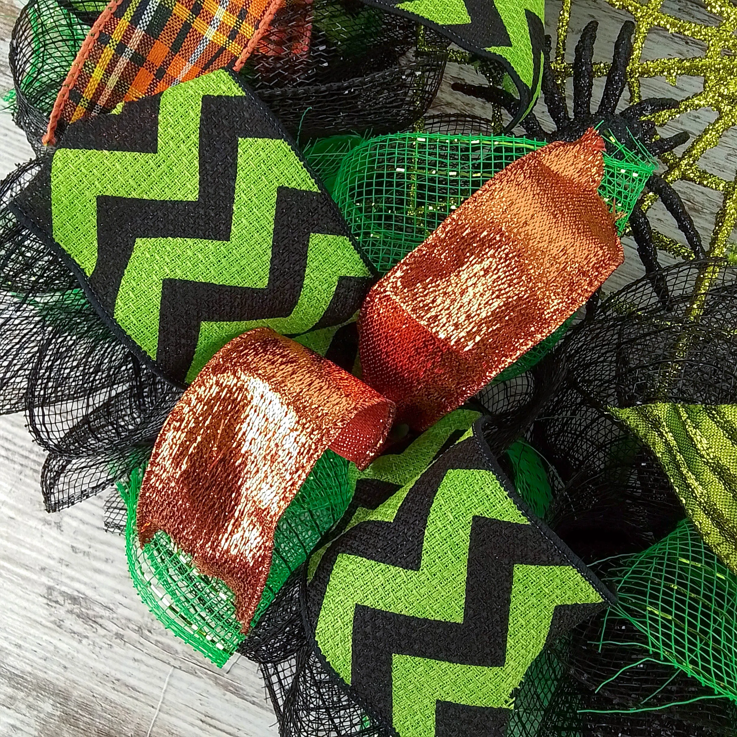 Spider Web Halloween Door Wreath | Lime Green Black Mesh Wreath
