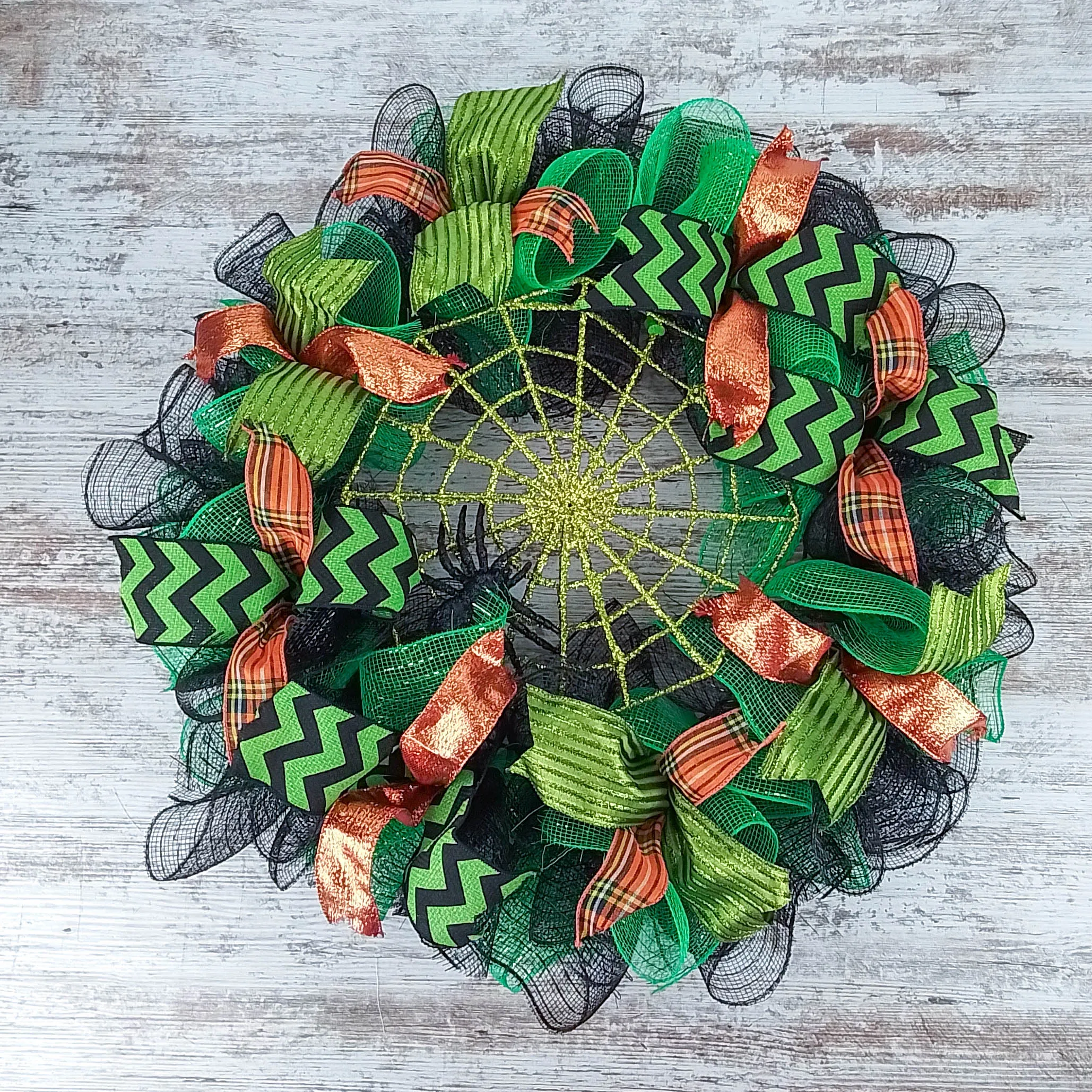 Spider Web Halloween Door Wreath | Lime Green Black Mesh Wreath