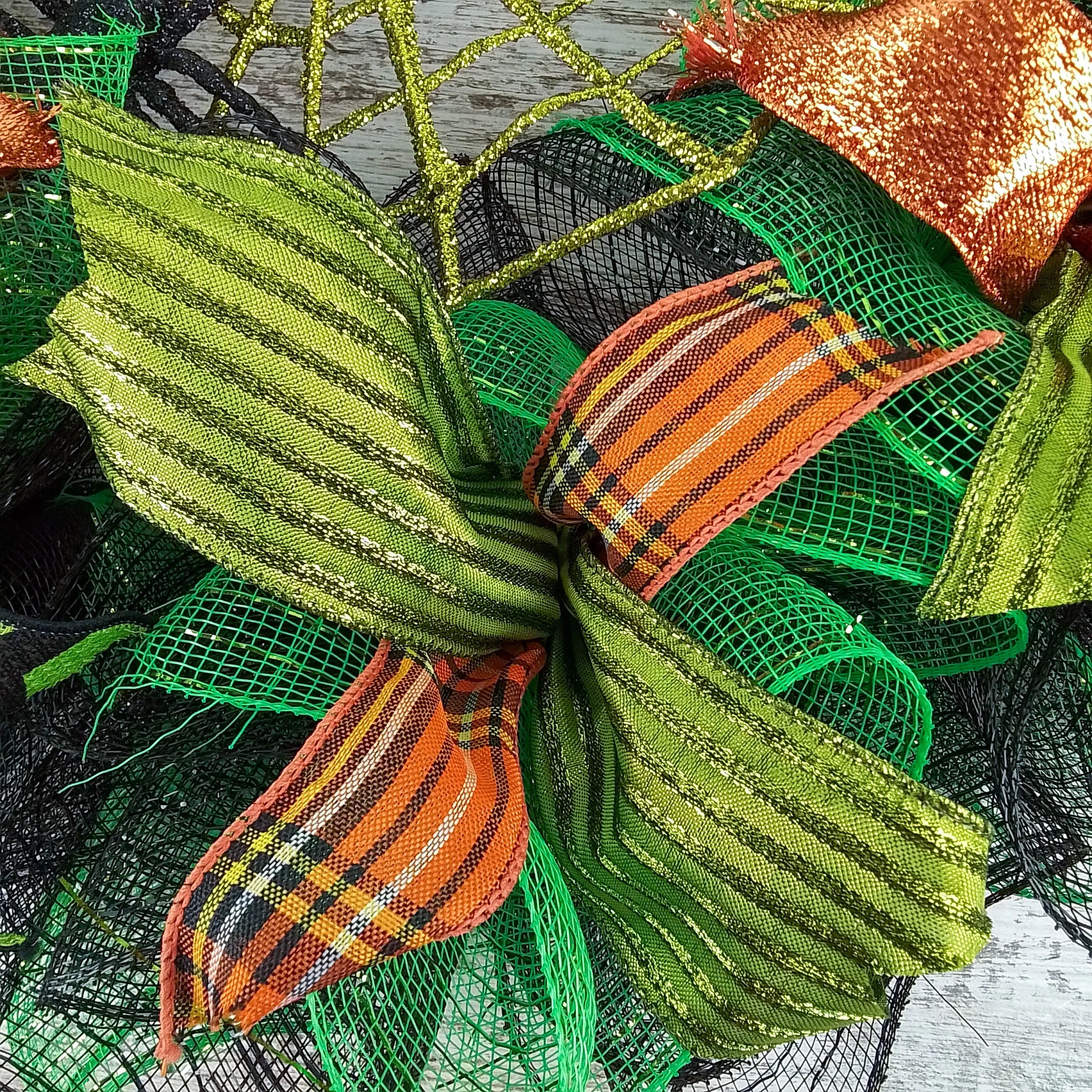 Spider Web Halloween Door Wreath | Lime Green Black Mesh Wreath