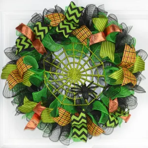 Spider Web Halloween Door Wreath | Lime Green Black Mesh Wreath
