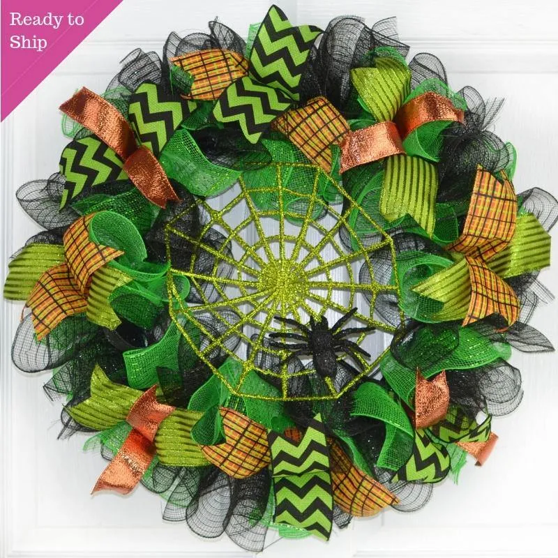 Spider Web Halloween Door Wreath | Lime Green Black Mesh Wreath