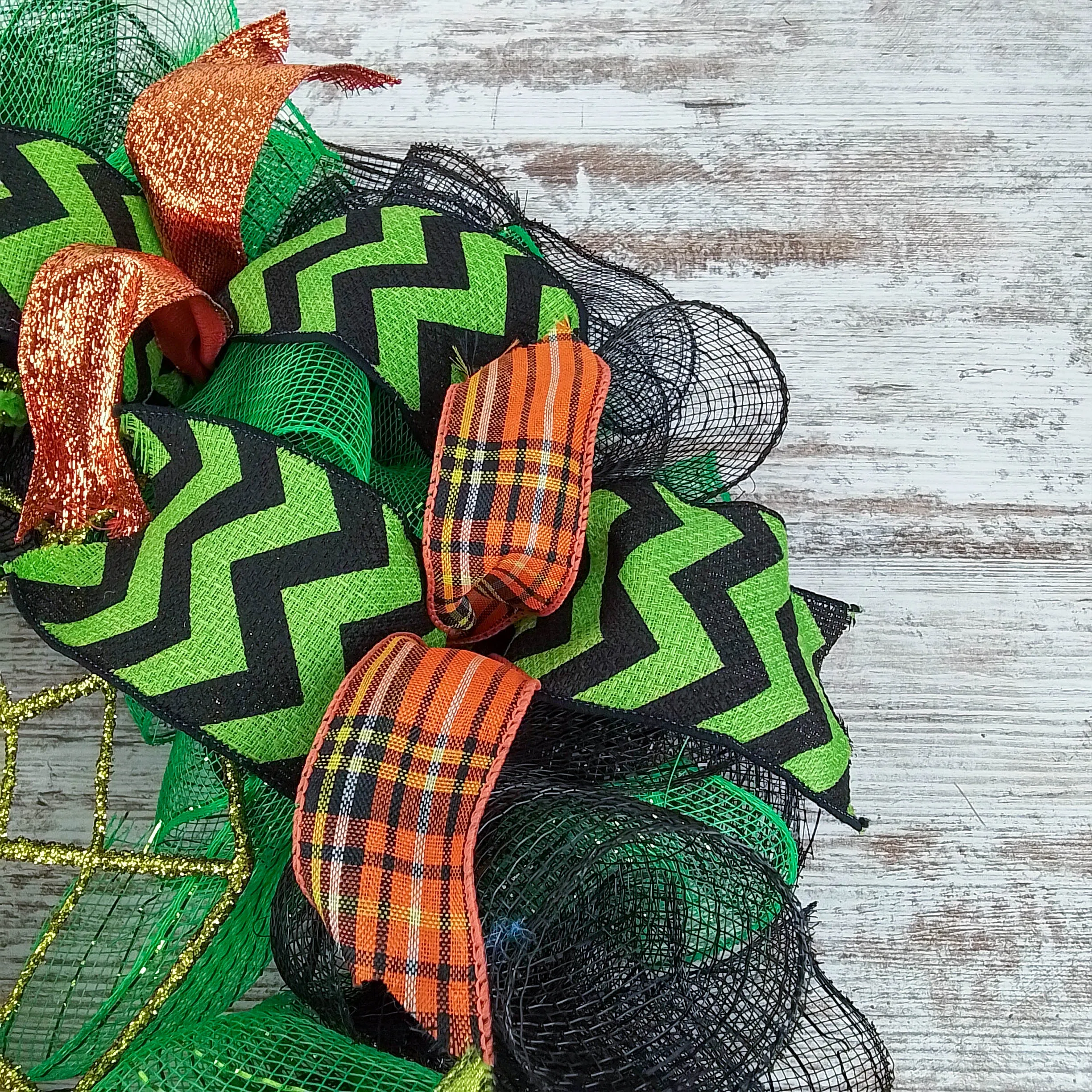 Spider Web Halloween Door Wreath | Lime Green Black Mesh Wreath