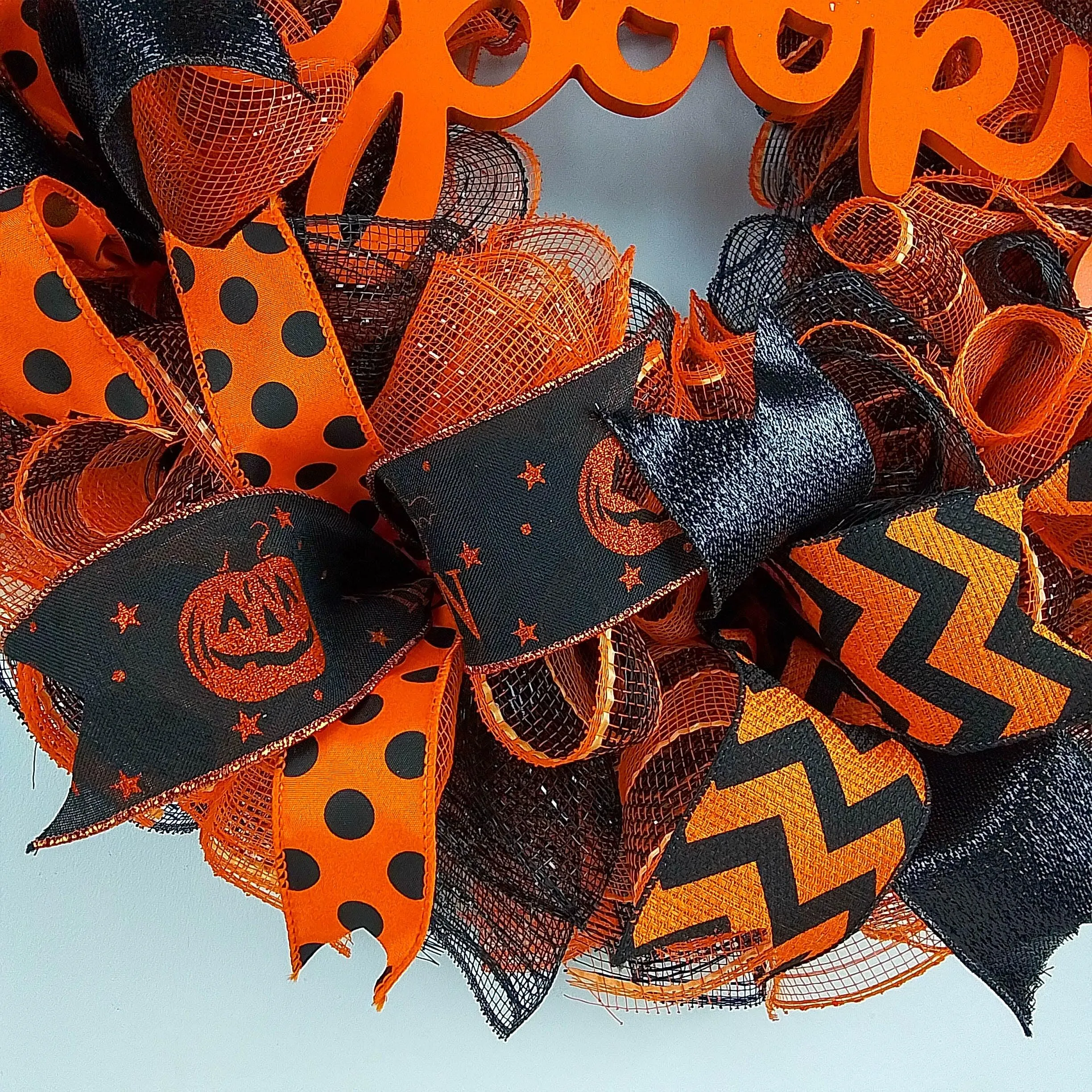 Spooky Mesh Halloween Wreath | Pumpkin Mesh Outdoor Front Door Wreath