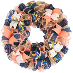 Spring Door Wreath - Moms Birthday Gift - Long Distance Same Day Present - Coral Navy Blue Jute Floral
