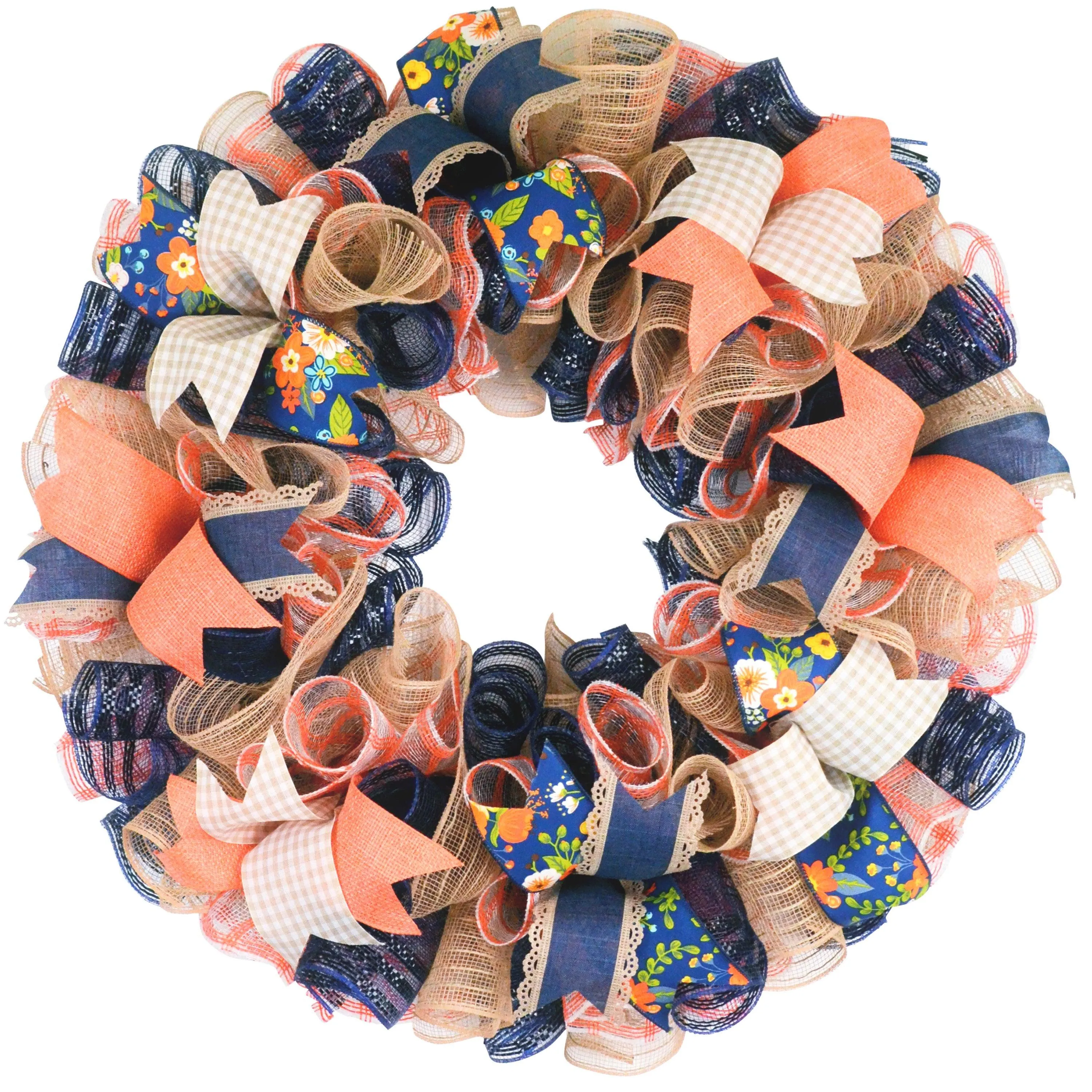 Spring Door Wreath - Moms Birthday Gift - Long Distance Same Day Present - Coral Navy Blue Jute Floral