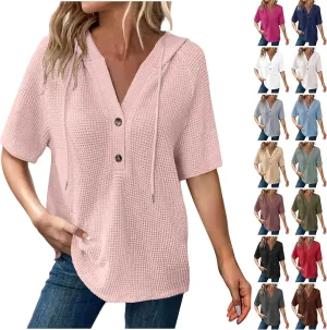 Spring Resort Wear Outfits Vacation Waffle Knit Tops Trendy 2025 Fashion Trends Cute Short Sleeve Hoodie Oversized