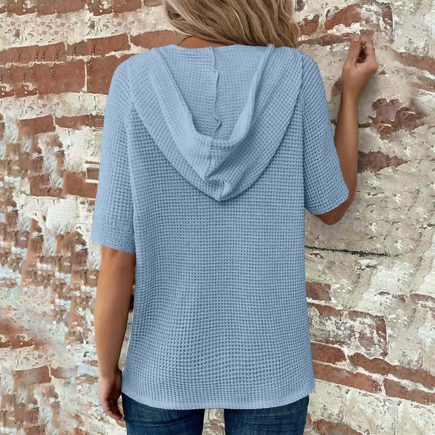 Spring Resort Wear Outfits Vacation Waffle Knit Tops Trendy 2025 Fashion Trends Cute Short Sleeve Hoodie Oversized
