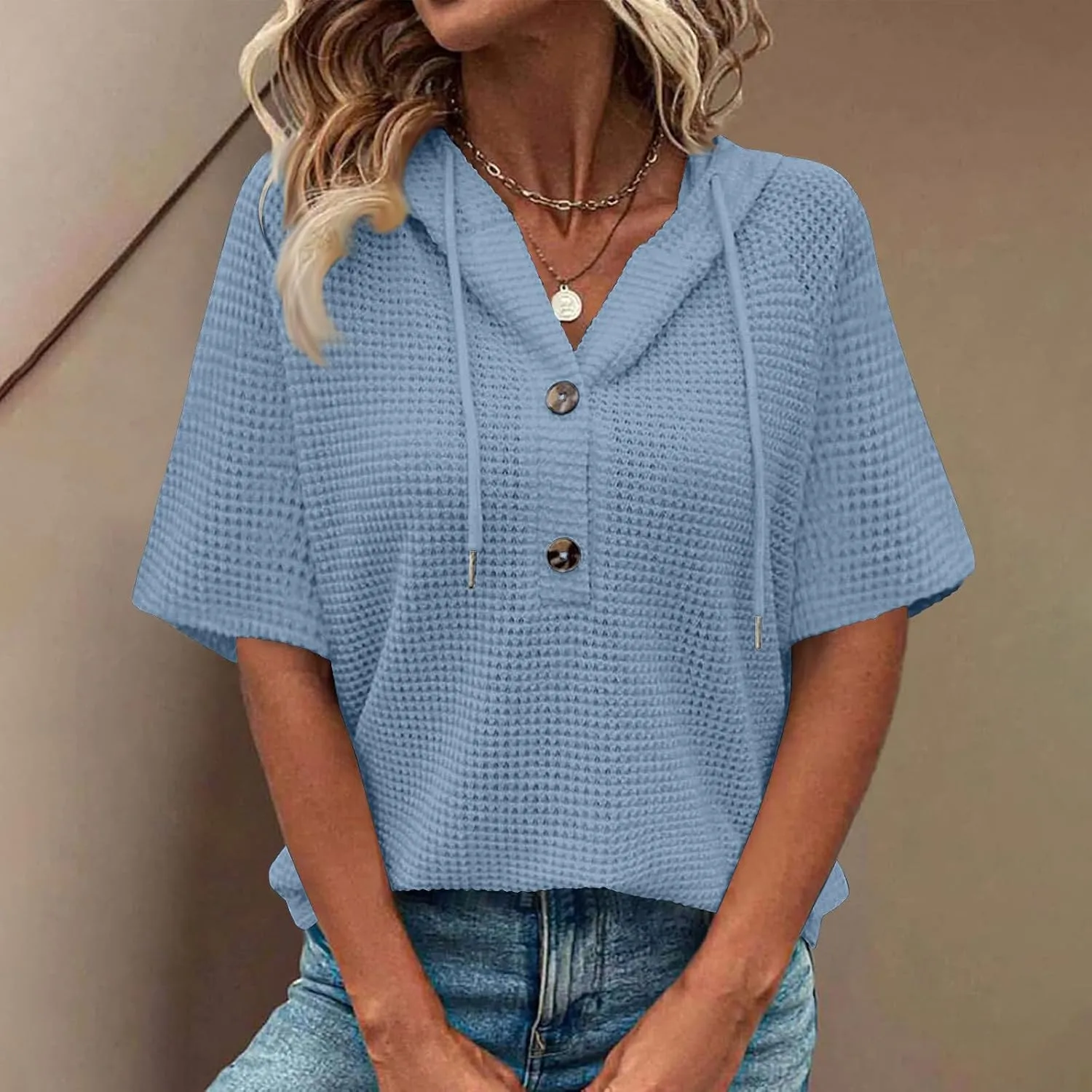 Spring Resort Wear Outfits Vacation Waffle Knit Tops Trendy 2025 Fashion Trends Cute Short Sleeve Hoodie Oversized