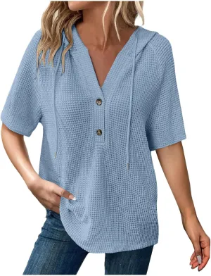 Spring Resort Wear Outfits Vacation Waffle Knit Tops Trendy 2025 Fashion Trends Cute Short Sleeve Hoodie Oversized