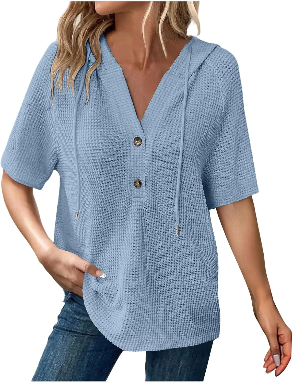 Spring Resort Wear Outfits Vacation Waffle Knit Tops Trendy 2025 Fashion Trends Cute Short Sleeve Hoodie Oversized