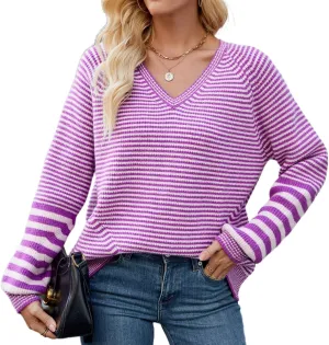 Spring Sweaters for Women 2025, Women's Long Sleeve V Neck Stripes Trendy Oversized Ribbed Knit Pullover Sweater Tops