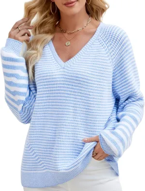 Spring Sweaters for Women 2025, Women's Long Sleeve V Neck Stripes Trendy Oversized Ribbed Knit Pullover Sweater Tops