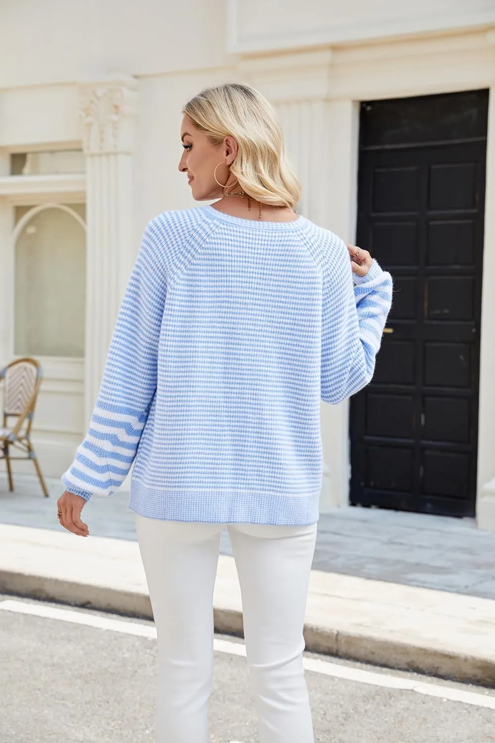 Spring Sweaters for Women 2025, Women's Long Sleeve V Neck Stripes Trendy Oversized Ribbed Knit Pullover Sweater Tops