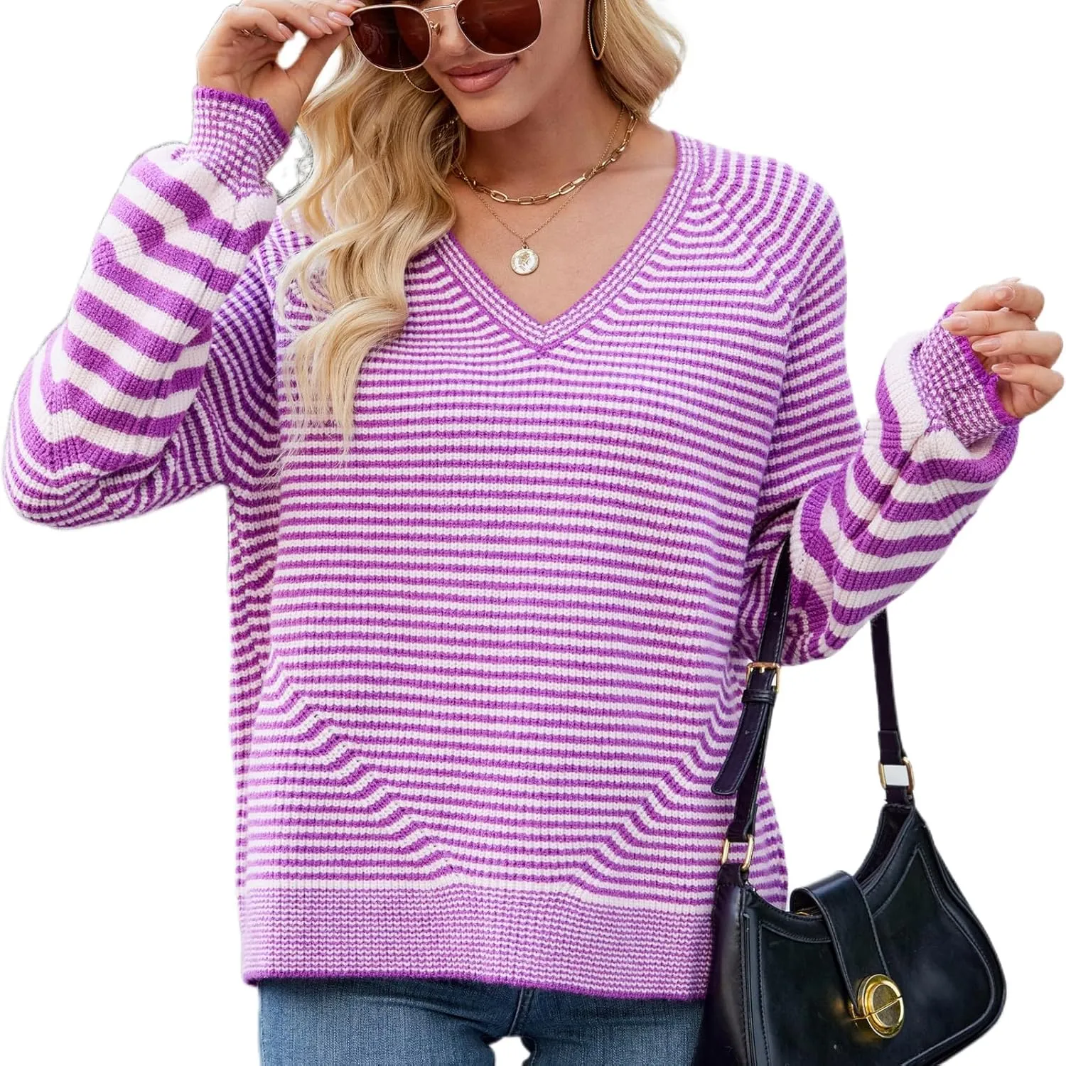 Spring Sweaters for Women 2025, Women's Long Sleeve V Neck Stripes Trendy Oversized Ribbed Knit Pullover Sweater Tops