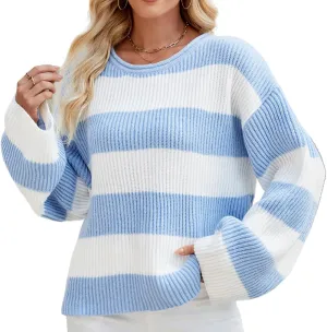 Spring Sweaters for Women, Women's Long Sleeve Crewneck Striped Color Block Oversized Knit Pullover Sweater