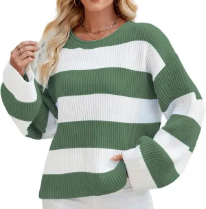 Spring Sweaters for Women, Women's Long Sleeve Crewneck Striped Color Block Oversized Knit Pullover Sweater