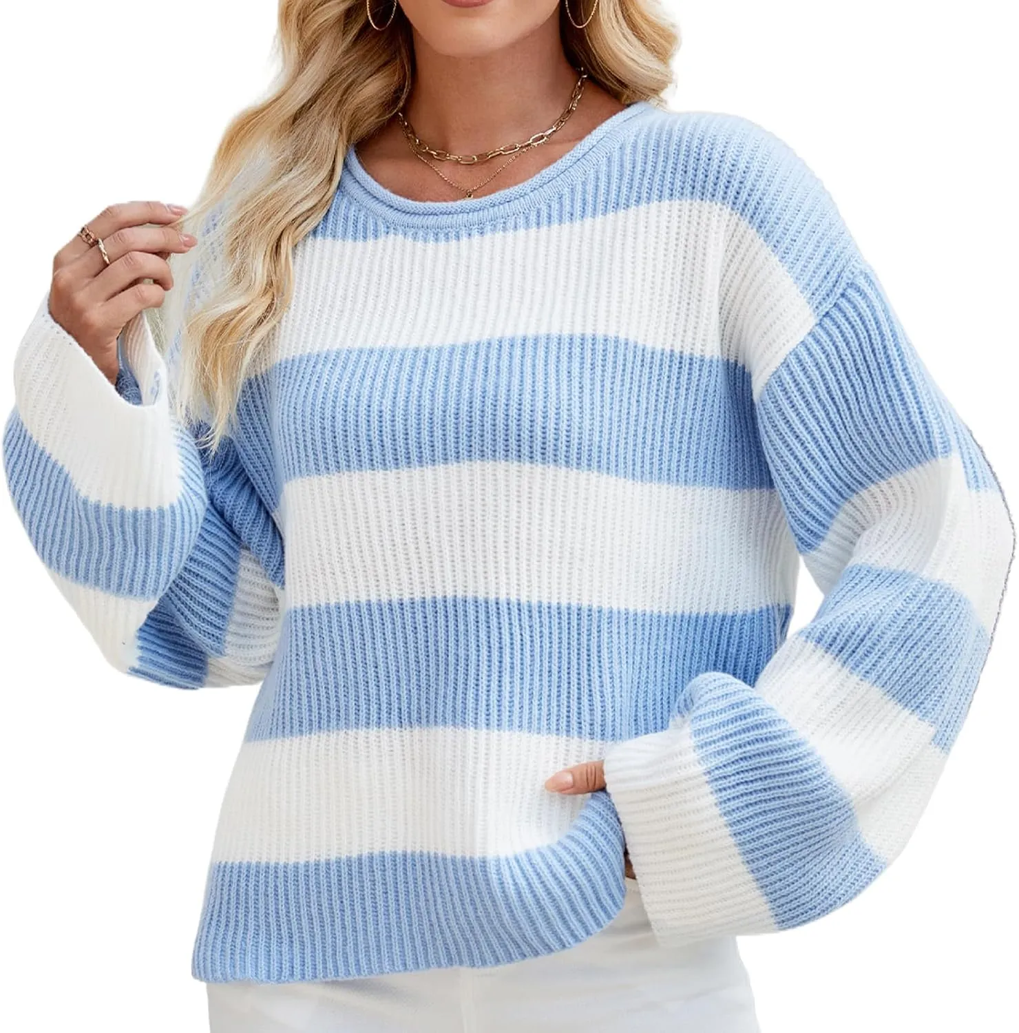 Spring Sweaters for Women, Women's Long Sleeve Crewneck Striped Color Block Oversized Knit Pullover Sweater