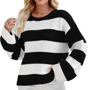 Spring Sweaters for Women, Women's Long Sleeve Crewneck Striped Color Block Oversized Knit Pullover Sweater
