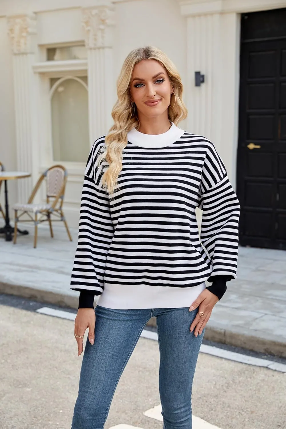 Spring Sweaters for Women, Women's Long Sleeve Turtleneck Stripes Plaid Trendy Oversized Ribbed Knit Pullover Sweater