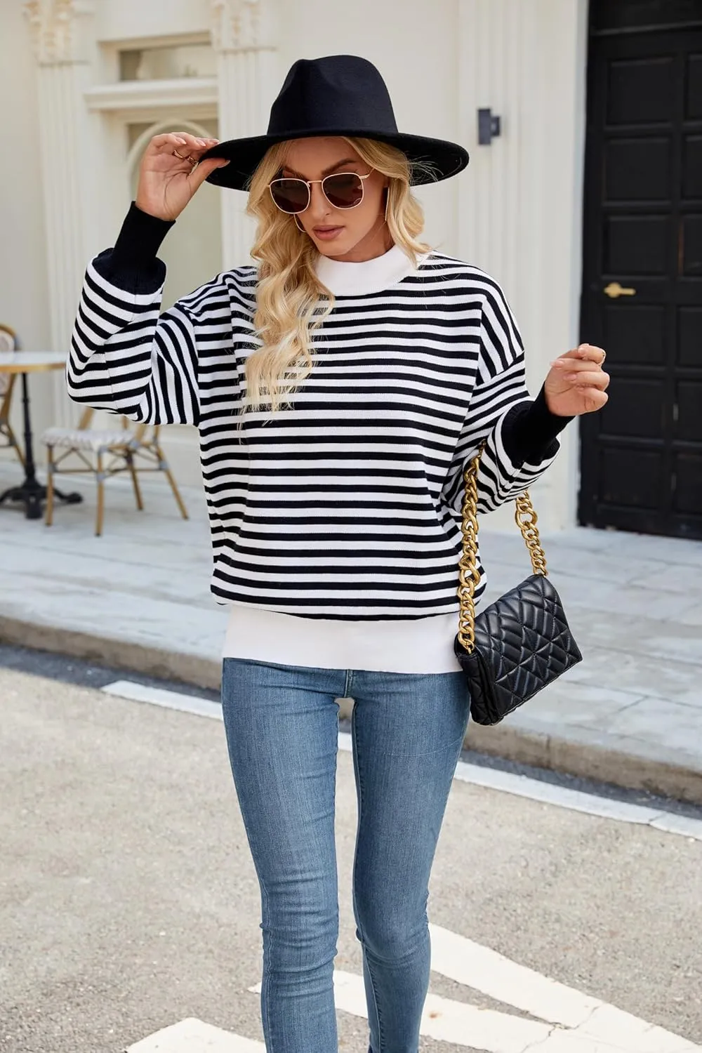 Spring Sweaters for Women, Women's Long Sleeve Turtleneck Stripes Plaid Trendy Oversized Ribbed Knit Pullover Sweater