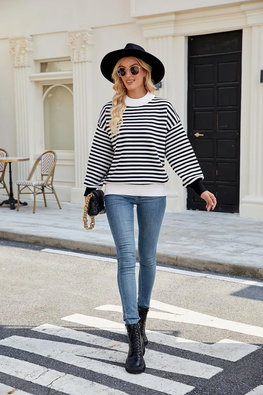 Spring Sweaters for Women, Women's Long Sleeve Turtleneck Stripes Plaid Trendy Oversized Ribbed Knit Pullover Sweater