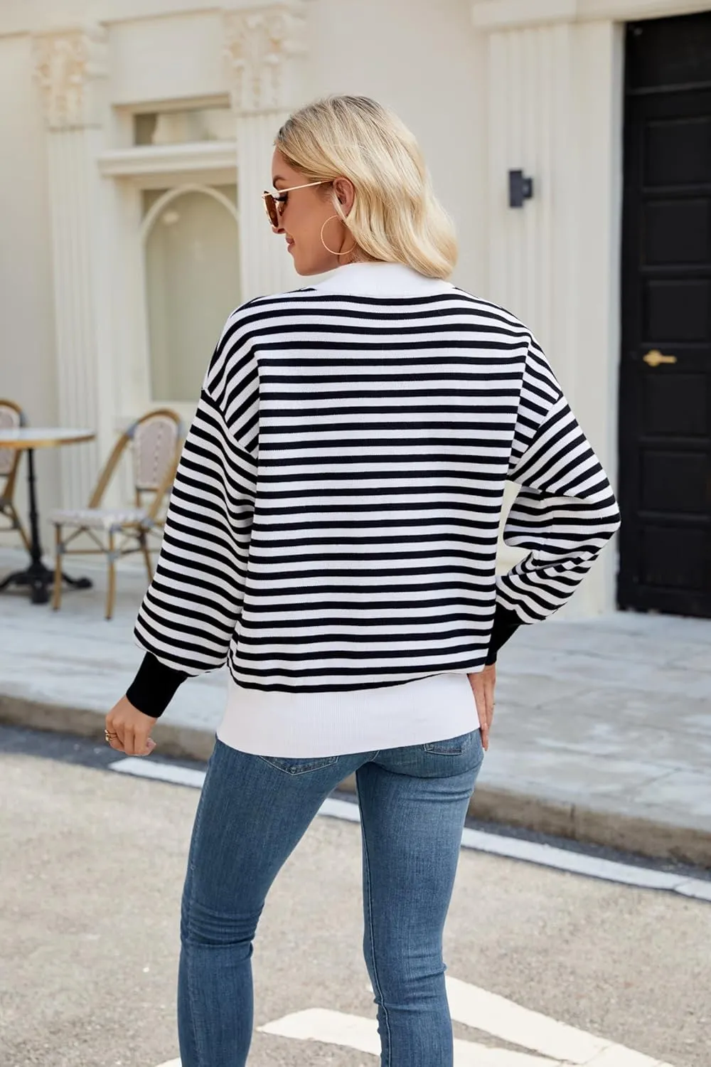Spring Sweaters for Women, Women's Long Sleeve Turtleneck Stripes Plaid Trendy Oversized Ribbed Knit Pullover Sweater