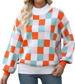 Spring Sweaters for Women, Women's Long Sleeve Turtleneck Stripes Plaid Trendy Oversized Ribbed Knit Pullover Sweater