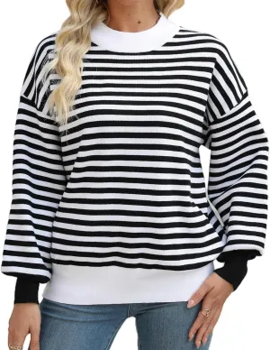 Spring Sweaters for Women, Women's Long Sleeve Turtleneck Stripes Plaid Trendy Oversized Ribbed Knit Pullover Sweater