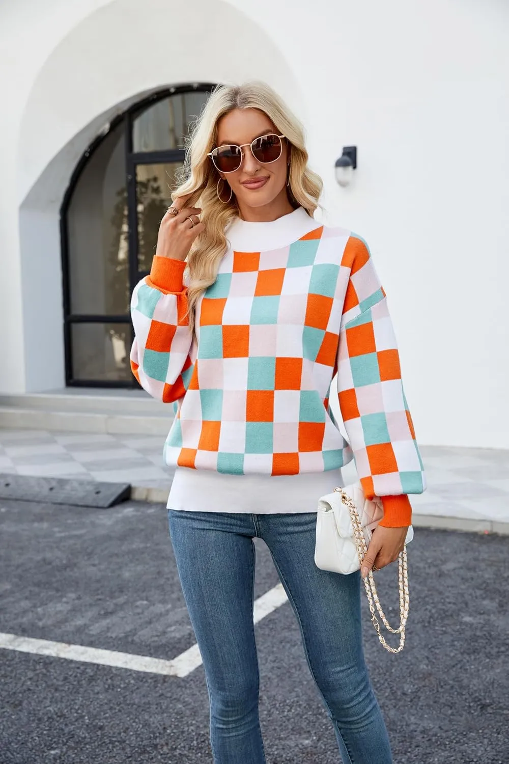 Spring Sweaters for Women, Women's Long Sleeve Turtleneck Stripes Plaid Trendy Oversized Ribbed Knit Pullover Sweater
