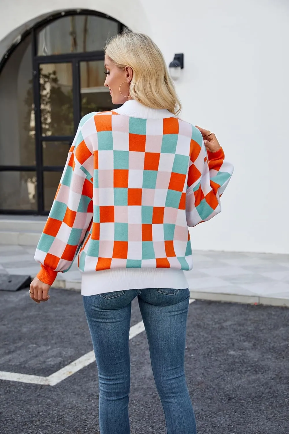Spring Sweaters for Women, Women's Long Sleeve Turtleneck Stripes Plaid Trendy Oversized Ribbed Knit Pullover Sweater