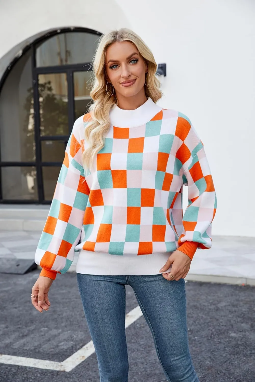 Spring Sweaters for Women, Women's Long Sleeve Turtleneck Stripes Plaid Trendy Oversized Ribbed Knit Pullover Sweater