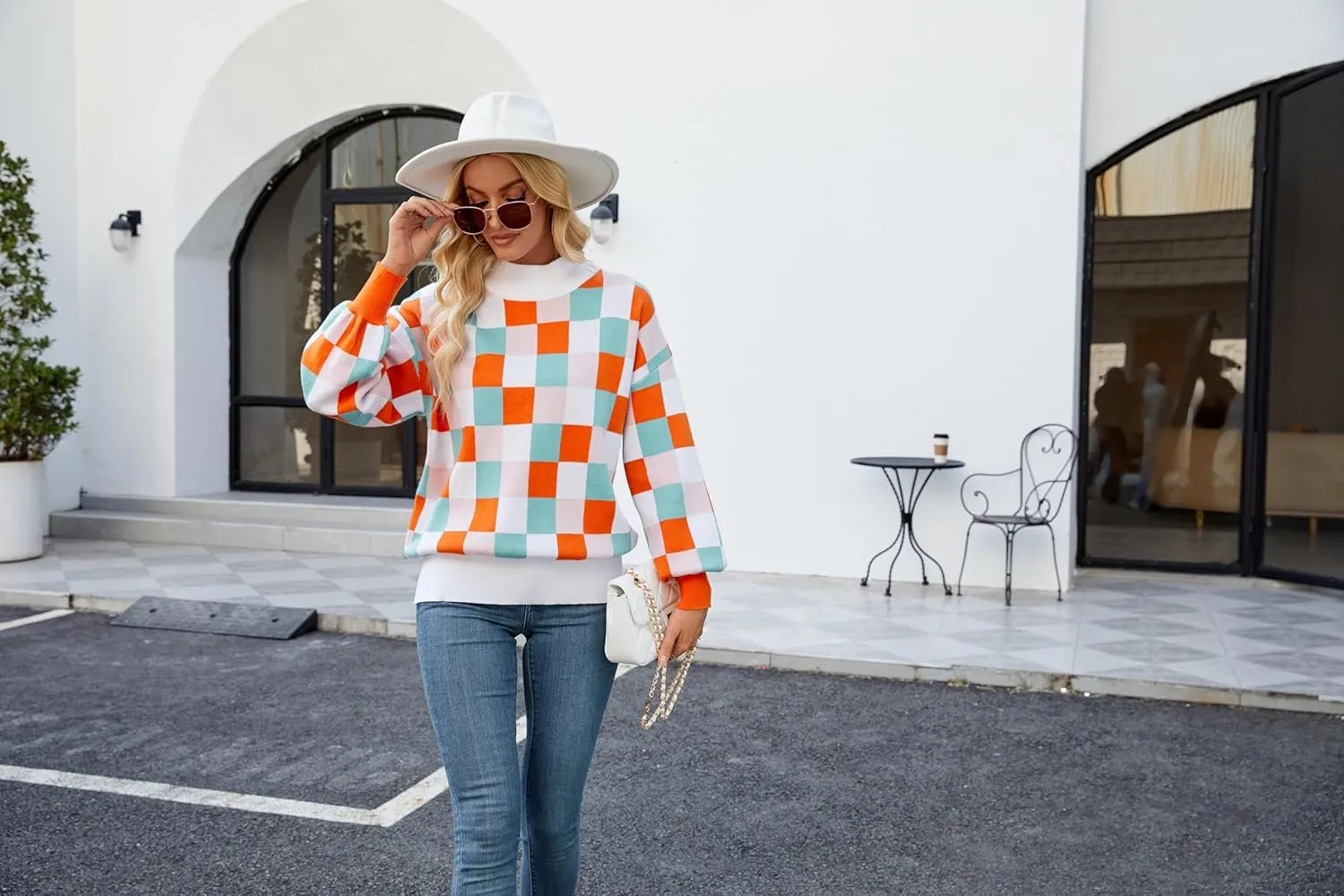 Spring Sweaters for Women, Women's Long Sleeve Turtleneck Stripes Plaid Trendy Oversized Ribbed Knit Pullover Sweater