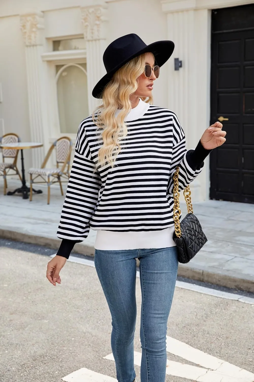Spring Sweaters for Women, Women's Long Sleeve Turtleneck Stripes Plaid Trendy Oversized Ribbed Knit Pullover Sweater