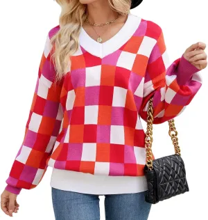 Spring Sweaters for Women, Women's Long Sleeve V Neck Color Block Trendy Oversized Ribbed Knit Pullover Sweater Tops