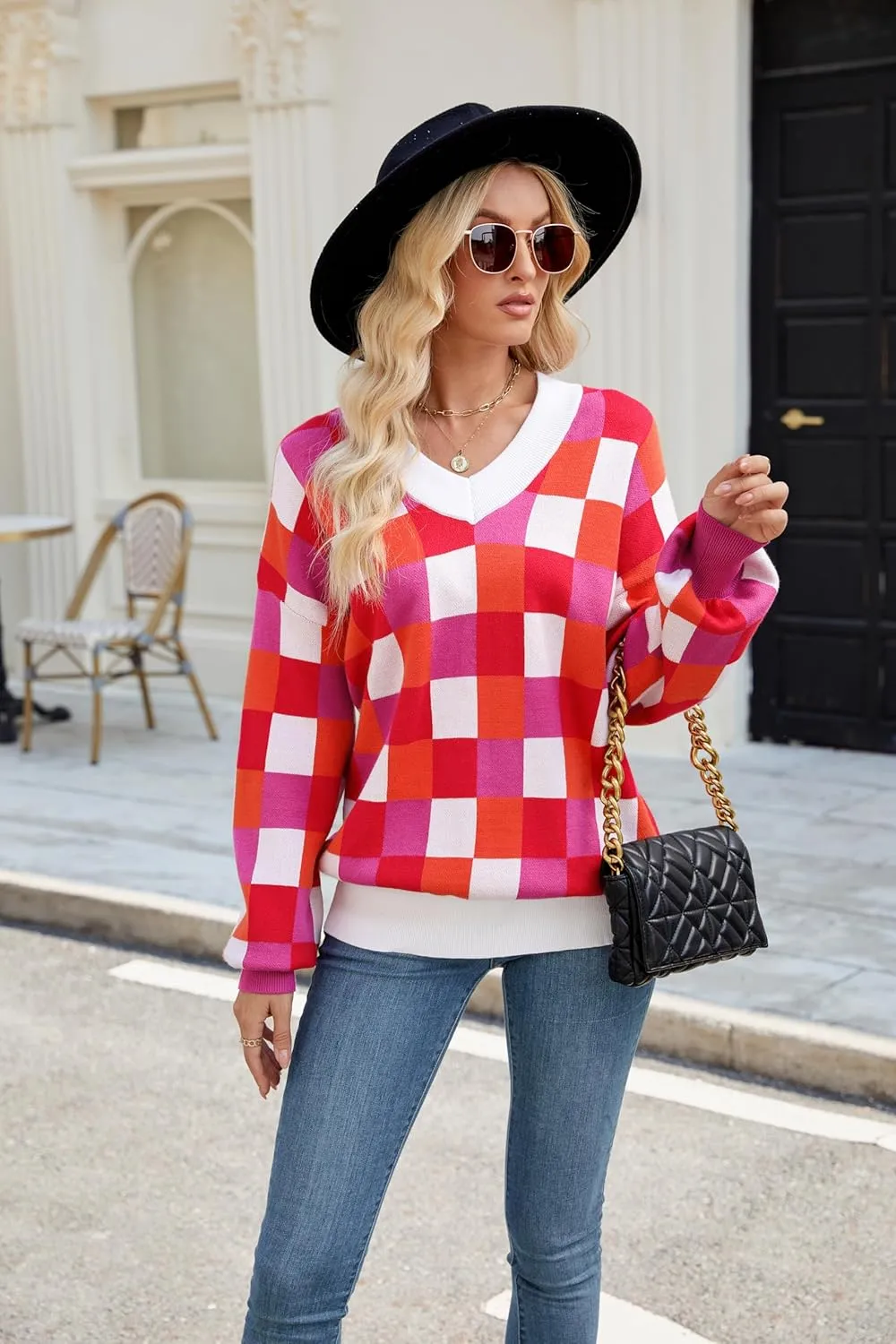 Spring Sweaters for Women, Women's Long Sleeve V Neck Color Block Trendy Oversized Ribbed Knit Pullover Sweater Tops