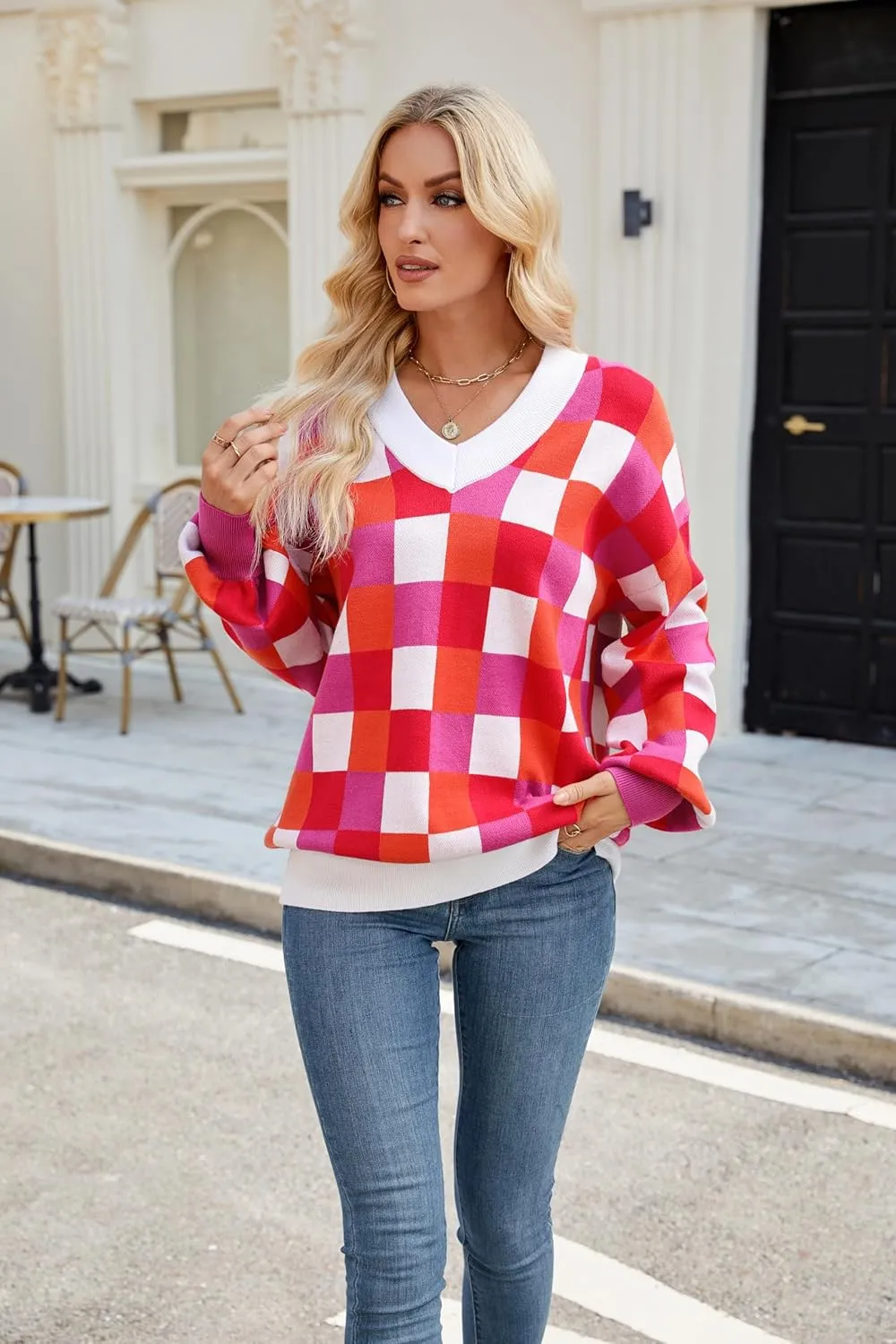 Spring Sweaters for Women, Women's Long Sleeve V Neck Color Block Trendy Oversized Ribbed Knit Pullover Sweater Tops