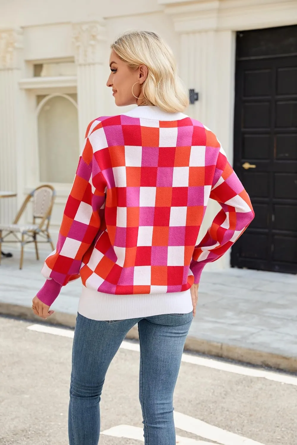 Spring Sweaters for Women, Women's Long Sleeve V Neck Color Block Trendy Oversized Ribbed Knit Pullover Sweater Tops