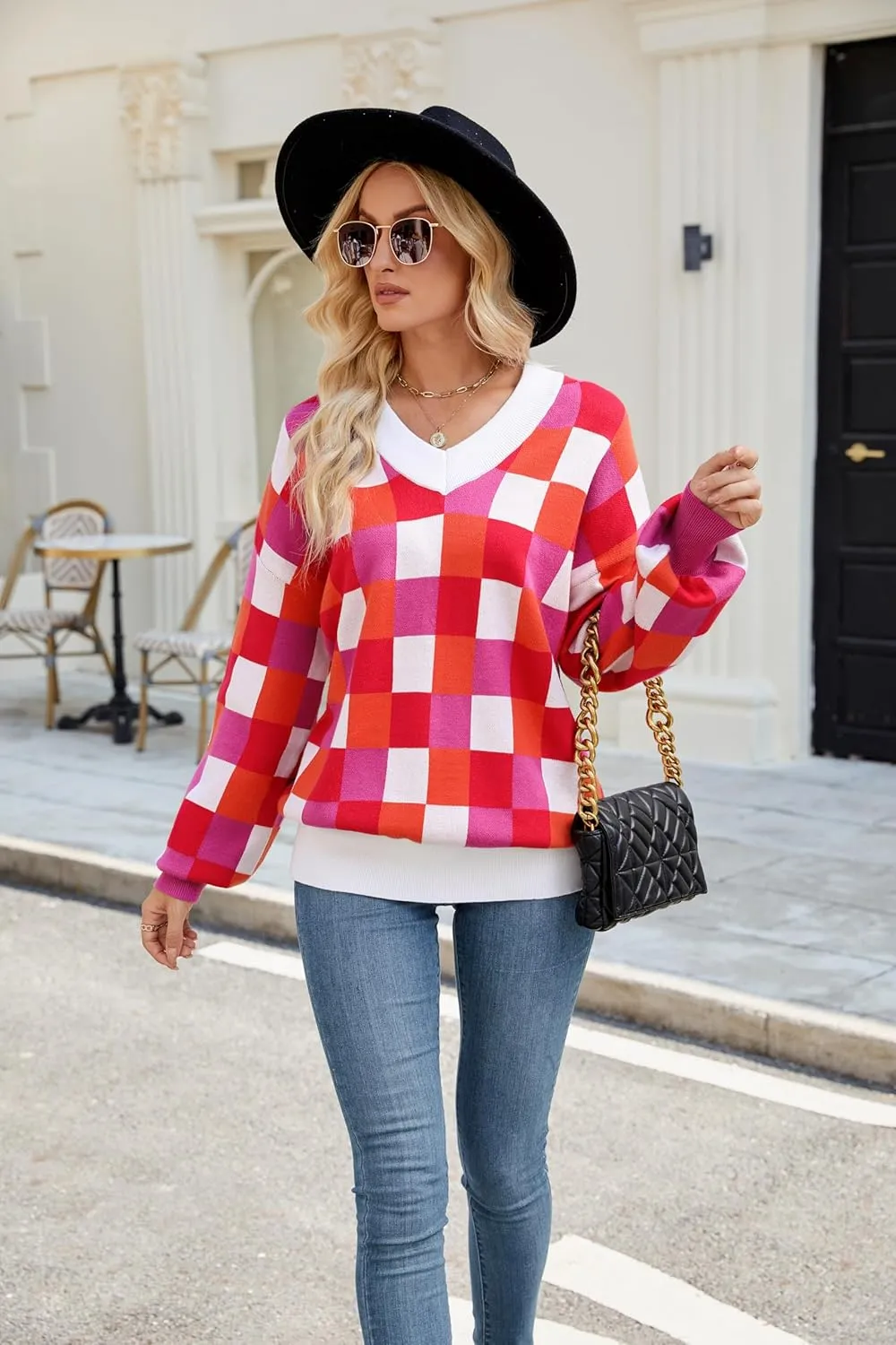 Spring Sweaters for Women, Women's Long Sleeve V Neck Color Block Trendy Oversized Ribbed Knit Pullover Sweater Tops