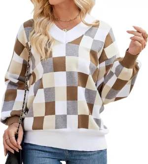 Spring Sweaters for Women, Women's Long Sleeve V Neck Color Block Trendy Oversized Ribbed Knit Pullover Sweater Tops