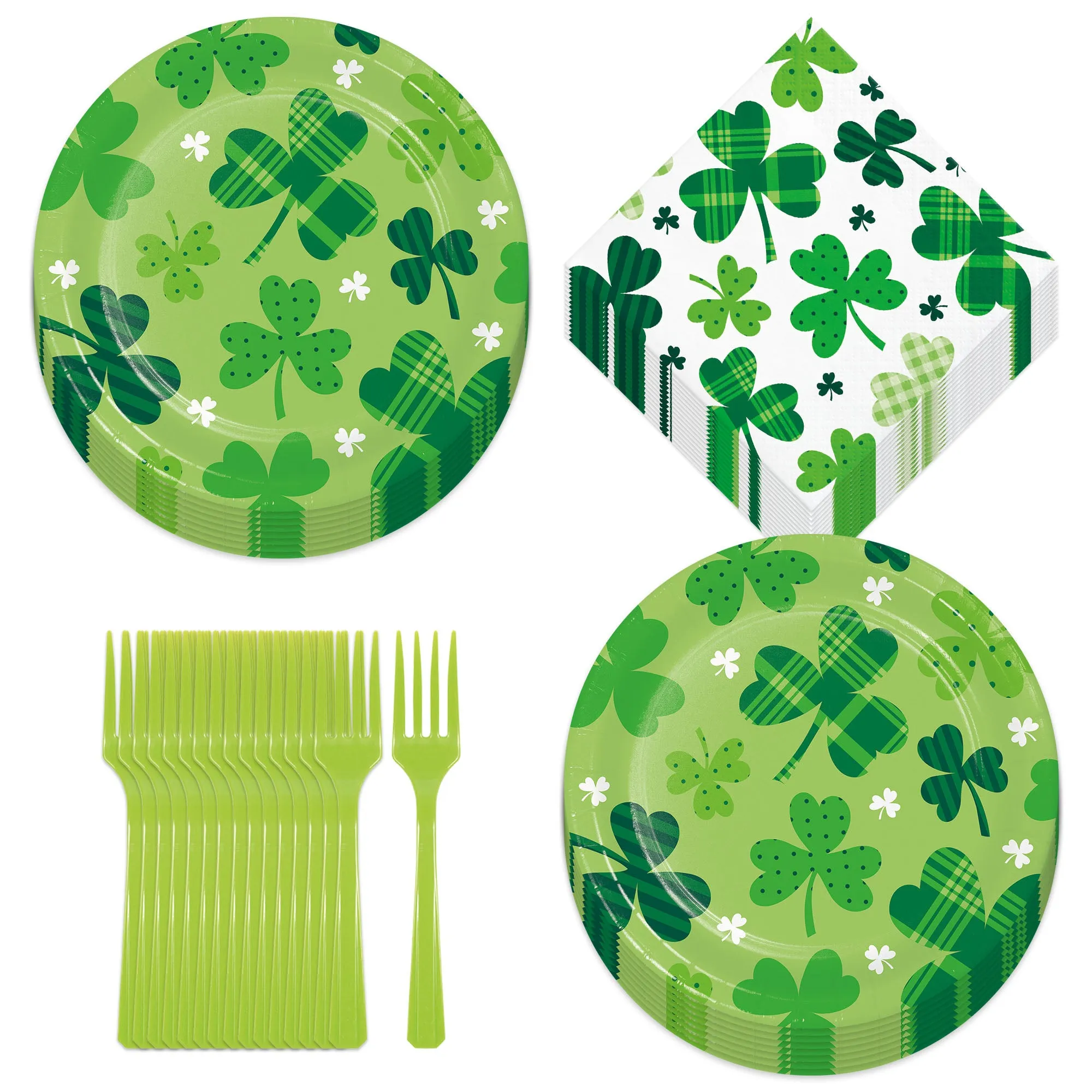 St. Patrick's Day Party Supplies - Plaid Clover Paper Dessert Plates, Beverage Napkins, and Forks (Serves 16)
