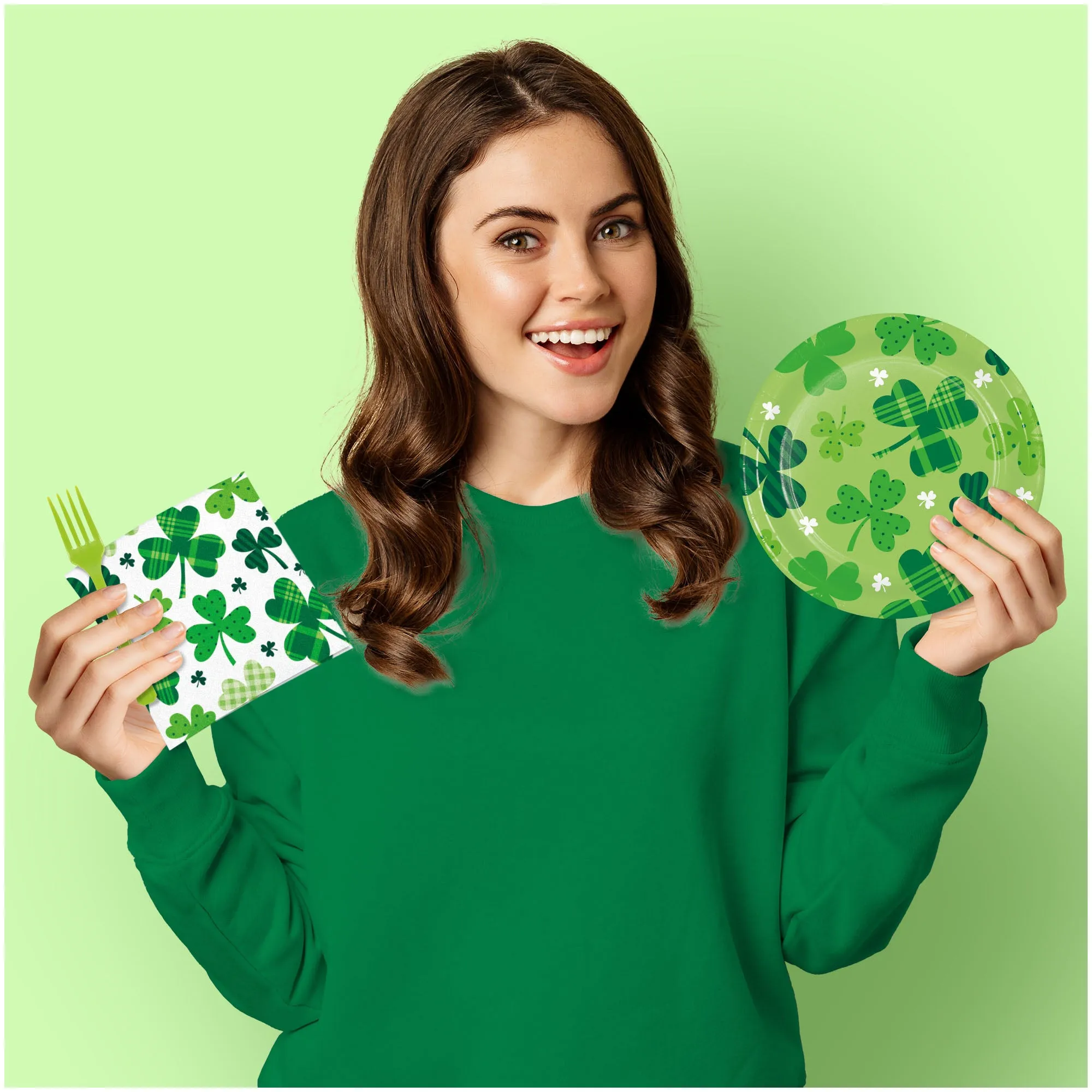 St. Patrick's Day Party Supplies - Plaid Clover Paper Dessert Plates, Beverage Napkins, and Forks (Serves 16)