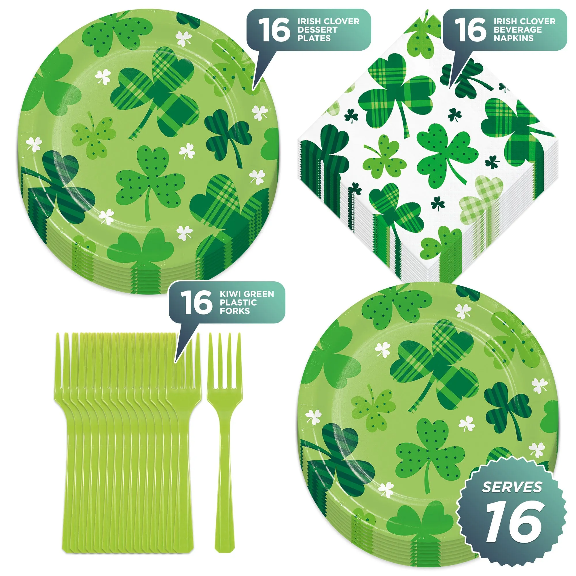 St. Patrick's Day Party Supplies - Plaid Clover Paper Dessert Plates, Beverage Napkins, and Forks (Serves 16)