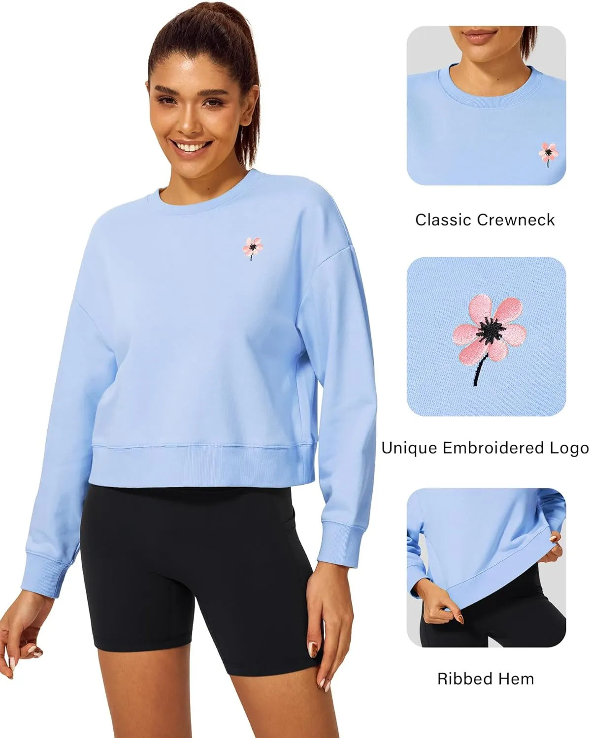 Stelle Cropped Sweatshirt for Women Crewneck Pullover Tops Oversized Long Sleeve Lightweight Casual Cotton Sweat Shirts