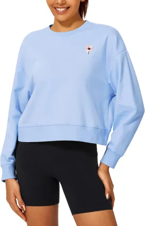 Stelle Cropped Sweatshirt for Women Crewneck Pullover Tops Oversized Long Sleeve Lightweight Casual Cotton Sweat Shirts