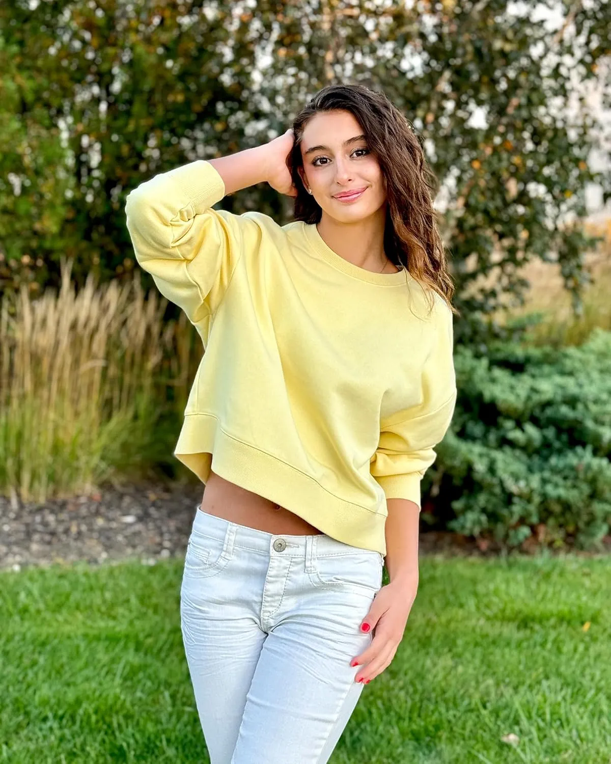 Stelle Cropped Sweatshirts for Women Cotton Long Sleeve Crop Tops Crewneck Pullover Oversized Sweater