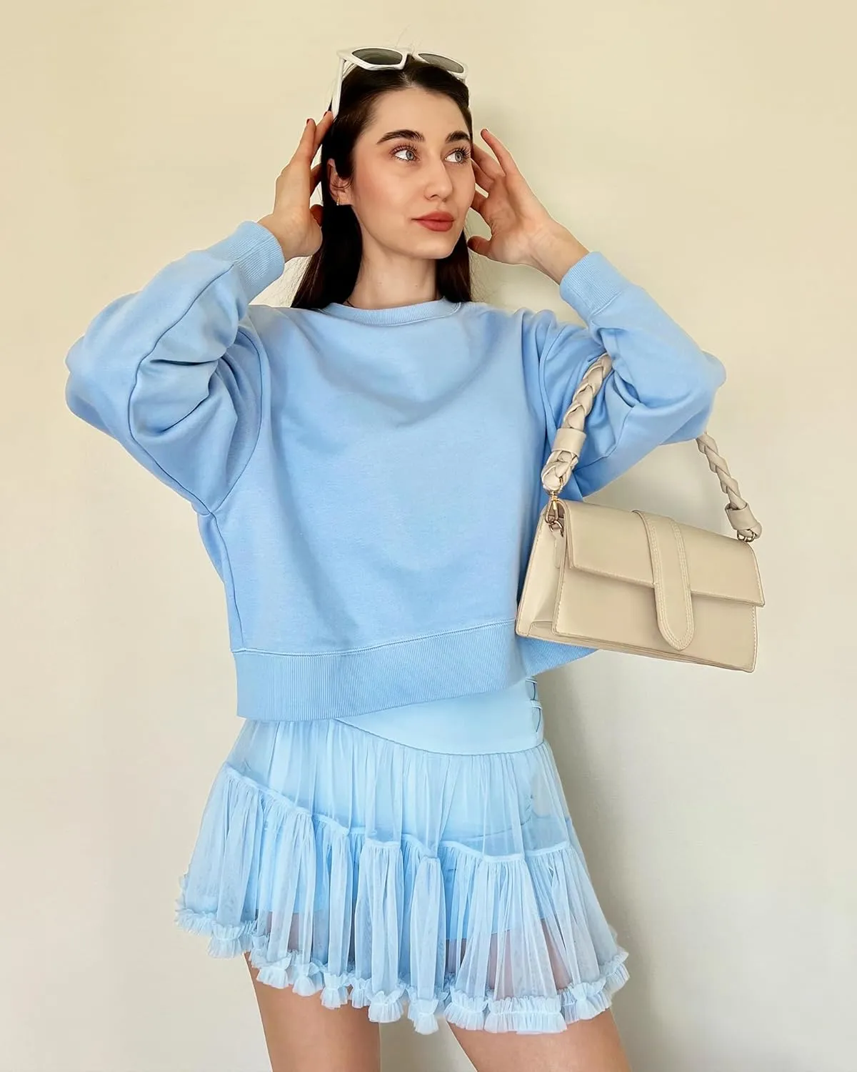 Stelle Cropped Sweatshirts for Women Cotton Long Sleeve Crop Tops Crewneck Pullover Oversized Sweater