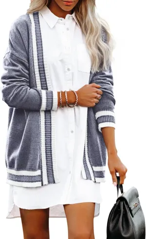 Striped Cardigan Sweaters for Women Knit Open Front Long Cardigan Colorblock Varsity Trendy Tennis Cardigan with Pockets