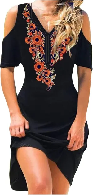 Summer Dresses for Women 2022,Women Traditional Aztec Cold Shoulder Sexy V Neck Short Sleeve Dress Floral Casual Dress