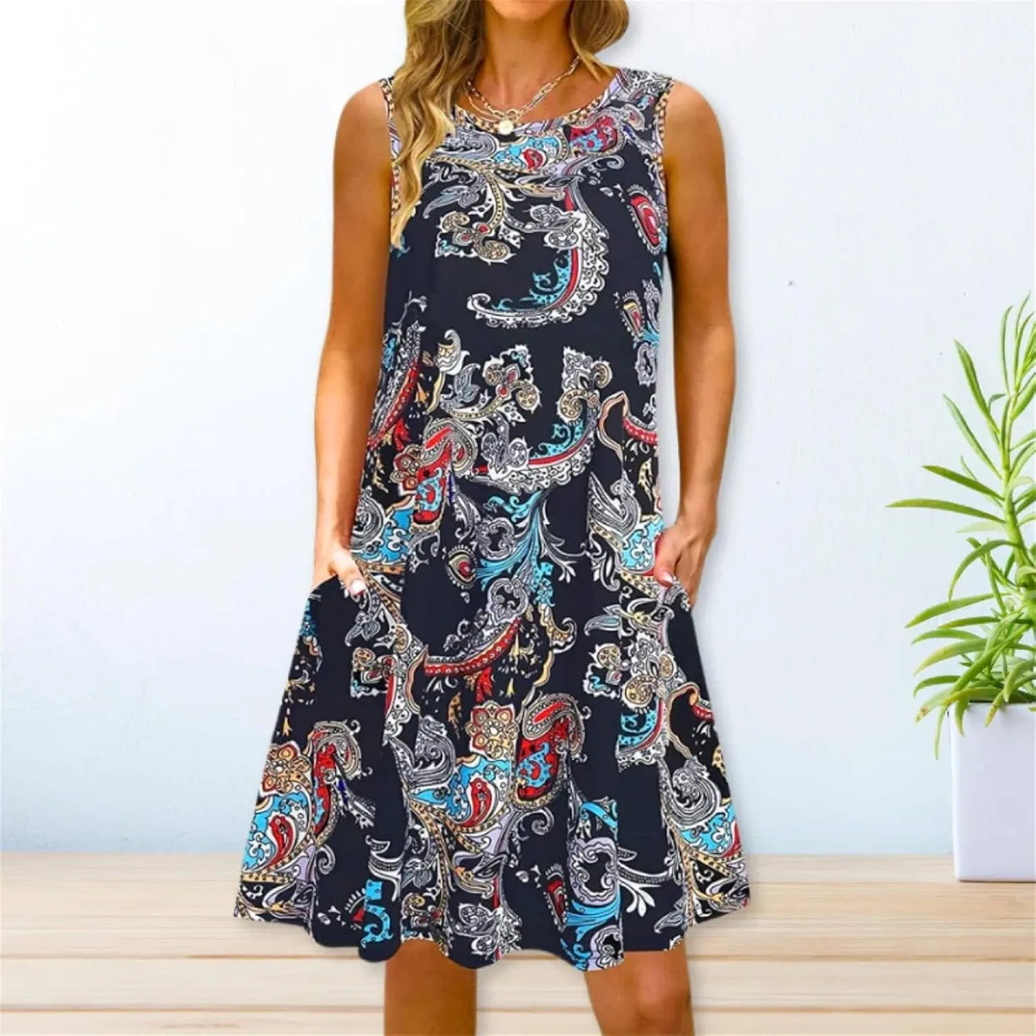 Summer Dresses for Women 2024 Casual Sleeveless Boho Floral Petite Sundress Plus Size Vacation Flowy Midi Dress