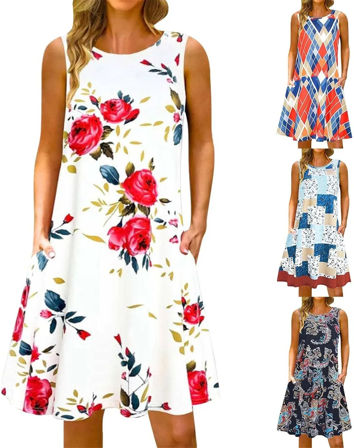 Summer Dresses for Women 2024 Casual Sleeveless Boho Floral Petite Sundress Plus Size Vacation Flowy Midi Dress